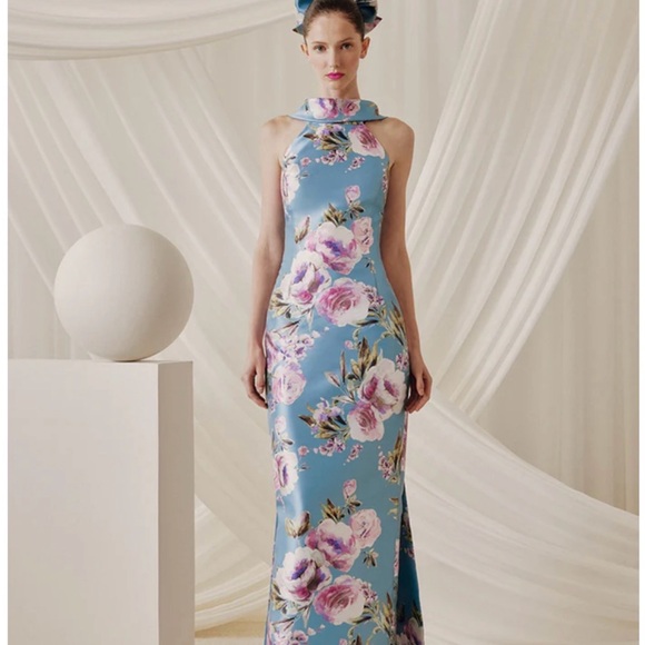 Floral Sleeveless Column Dress in Blue and Pink - Picture 3 of 4